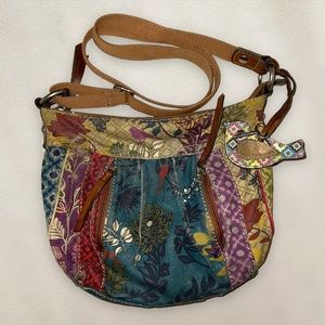 Vintage Fossil Crossbody Purse Bag Tote Key Charm Bird Boho Style Floral Pattern